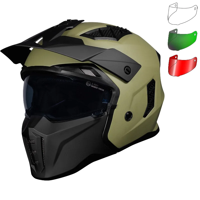 Black Street Fighter ECE R22.06 Matt Army Green Open Face Motorcycle Helmet and Internal Visor