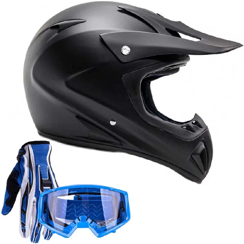 Adult Helmet Combo Matte Black w/ Blue Gloves & Goggles