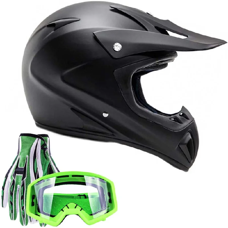 Adult Helmet Combo Matte Black w/ Green Goggles & Gloves