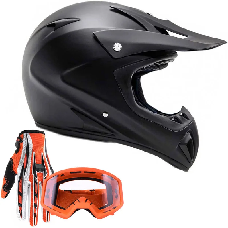 Adult Helmet Combo Matte Black w/ Orange Gloves & Goggles