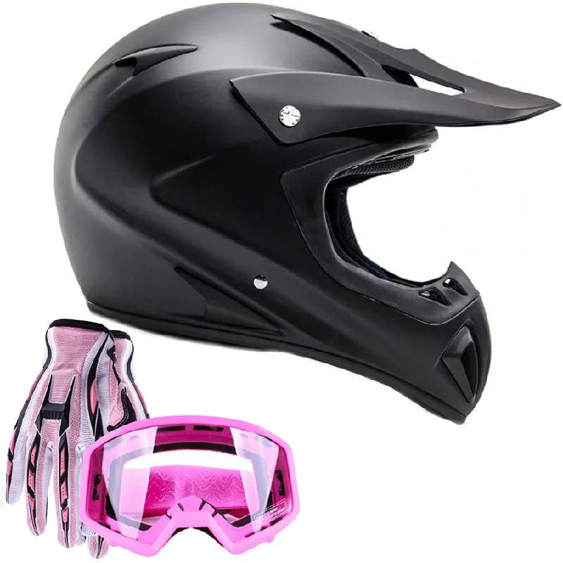 Adult Helmet Combo Matte Black w/ Pink Goggles & Gloves