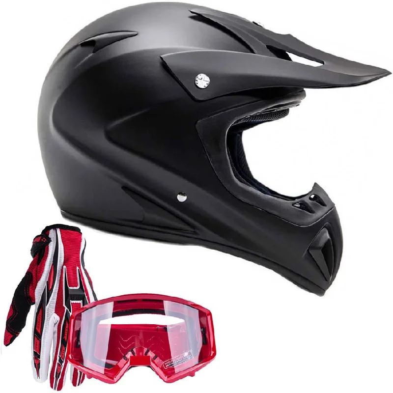 Adult Helmet Combo Matte Black w/ Red Gloves & Goggles