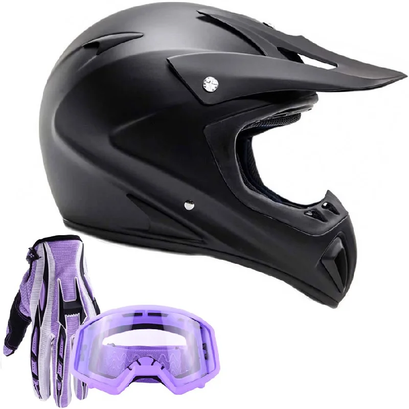 Adult Matte Black Helmet - Purple Gloves & Goggles Combo