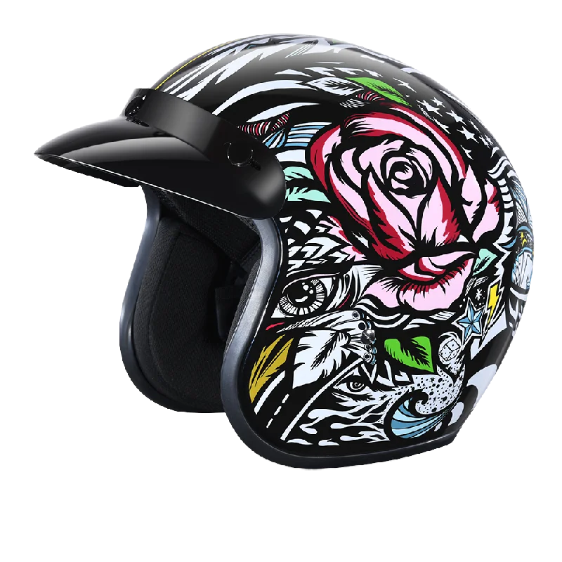 DOT Approved Daytona Cruiser Open Face Motorcycle Helmet - Men, Women & Youth - With Visor & Graphics - W/ Tribal