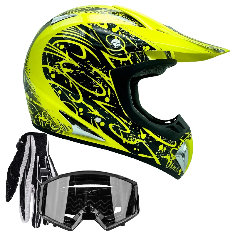 HI-Viz Yellow Adult Helmet Combo w/ Black Gloves and Goggles